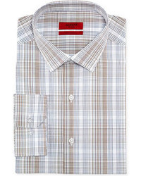 Alfani Red Fitted Brown And Navy Plaid Performance Dress Shirt