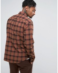 Asos Oversized Brushed Check Shirt With Heavy Wash In Brown