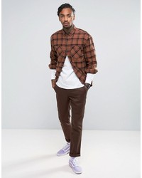 Asos Oversized Brushed Check Shirt With Heavy Wash In Brown