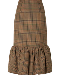 Brown Plaid Wool Midi Skirt