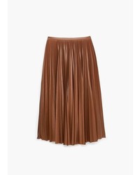 Brown Pleated Leather Midi Skirt