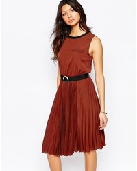 Brown Pleated Midi Dress