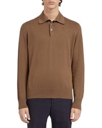 Zegna Long Sleeve Cotton Cashmere Polo Sweater In Brown At Nordstrom
