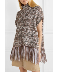 Brunello Cucinelli Fringed Sequined Chunky Knit Turtleneck Poncho
