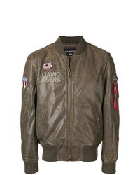 Brown Print Leather Bomber Jacket