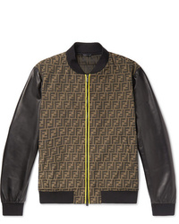 Fendi Slim Fit Paneled Logo Jacquard And Leather Bomber Jacket