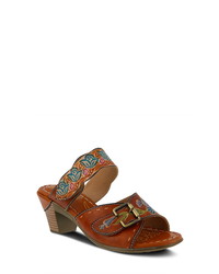 Brown Print Leather Heeled Sandals