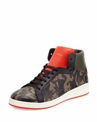 Brown Print Leather High Top Sneakers