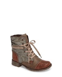 Brown Print Leather Lace-up Flat Boots