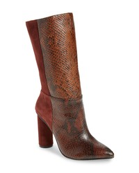 Brown Print Leather Mid-Calf Boots