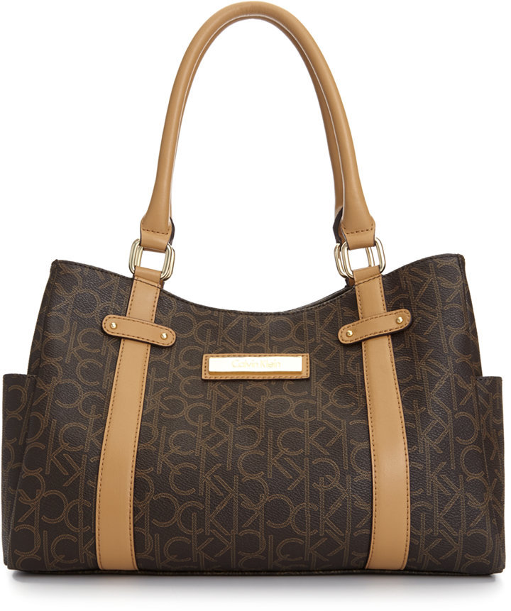Calvin Klein Hudson Monogram Satchel Shoulder Bag Handbag Purse Brown EUC