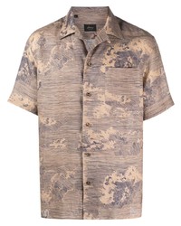 Brown Print Linen Short Sleeve Shirt