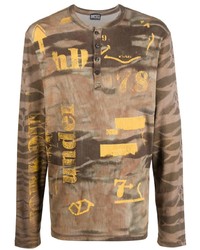 Brown Print Long Sleeve Henley Shirt