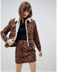 ASOS DESIGN Cord Jacket In Leopard With Borg Collar