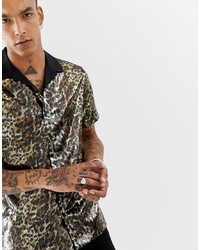 ASOS DESIGN Okeefe Party Regular Fit Leopard Print Sequin Shirt With Revere Collar