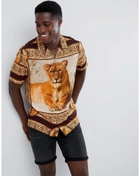 ASOS DESIGN Oversized Lion T Print Viscose Shirt With Revere Collar