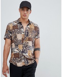 ASOS DESIGN Regular Fit Mix Match Animal Print Shirt In Brown