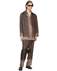 Versace Underwear Brown Silk Greca Signature Print Pajama Shirt