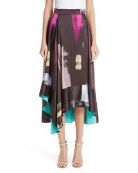 Brown Print Silk Midi Skirt