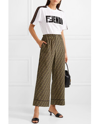 Fendi Cropped Printed Silk Satin Wide Leg Pants