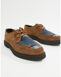 ASOS DESIGN Lace Up Shoes In Tan Suede With Aztec Print And Creeper Sole