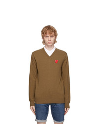 Comme Des Garcons Play Brown Double Heart V Neck Sweater