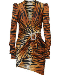 Alexandre Vauthier Embellished Draped Tiger Print Silk Satin Mini Dress