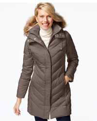 Kenneth Cole Faux Fur Trim Chevron Quilted Down Coat