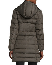 Moncler Orophin Long Puffer Coat Wleather Trim Olive