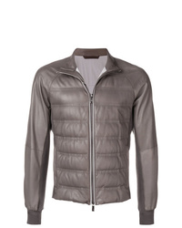 Brown Quilted Leather Bomber Jacket