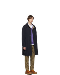 Lanvin Navy And Taupe Virgin Plaid Reversible Coat