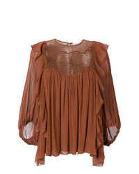 Brown Ruffle Lace Long Sleeve Blouse