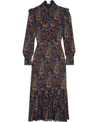 Saint Laurent Ruffled Paisley Print Crepe Midi Dress Brown