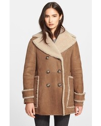 Burberry Brit Drakefield Double Breasted Genuine Shearling Coat