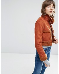 Asos Cropped Faux Shearling Jacket With Funnel Neck