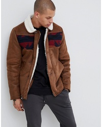 ASOS DESIGN Faux Shearling Jacket With Aztec In Tan