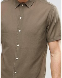 Asos Brand Shirt In Khaki With Revere Collar And Short Sleeves