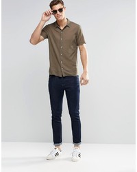 Asos Brand Shirt In Khaki With Revere Collar And Short Sleeves