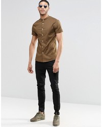 Asos Brand Skinny Shirt In Brown With Grandad Collar And Short Sleeves