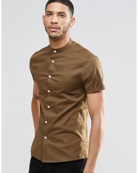 Asos Brand Skinny Shirt In Brown With Grandad Collar And Short Sleeves