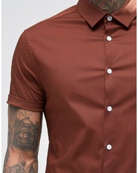 Asos Brand Skinny Shirt In Brown With Short Sleeves