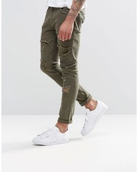 Asos Brand Super Skinny Jeans With Rips In Khaki