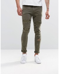Asos Brand Super Skinny Jeans With Rips In Khaki