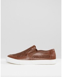 Asos Slip On Sneakers In Tan With Woven Detail