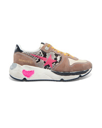 Golden Goose Running Sole Distressed Snake Effect Leather Suede And Mesh Sneakers