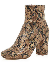 River Island Brown Snake Print Heeled Ankle Boots