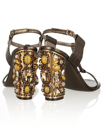Lanvin Embellished Metallic Snake Effect Leather Sandals