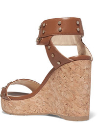 Jimmy Choo Nelly 100 Studded Leather Wedge Sandals Tan