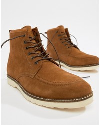 ASOS DESIGN Lace Up Boots In Tan Suede With White Wedge Sole