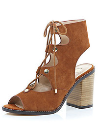 River Island Tan Suede Ghillie Lace Up Heeled Sandals